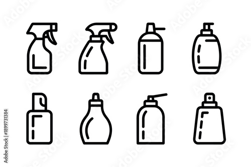 A collection of various cleaning product bottles and sprayers on a white background