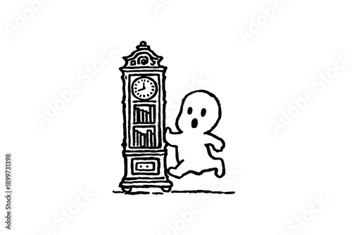 Vintage Illustration of a Cheerful Character with a Grandfather Clock