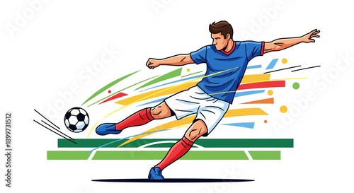 Dynamic illustration of a male soccer player in action, kicking a ball with speed and precision on a vibrant green field, showcasing athletic prowess and the thrill of the game