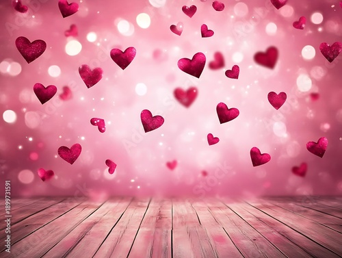 Pink backdrop with heart shaped bokeh lights and wooden floor hearts