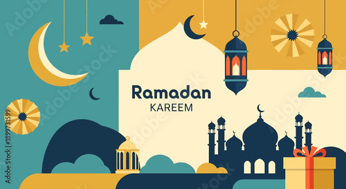 Ramadan Kareem Festive Islamic Background with Crescent Moon, Lanterns, and Mosque Silhouette
