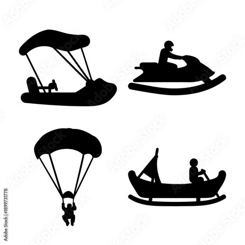 Stylized black silhouettes of various adventure and recreational vehicles on rocking bases