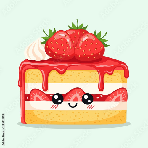 A cartoon slice of cake with strawberries and icing is smiling sweetly on a plate indoors.