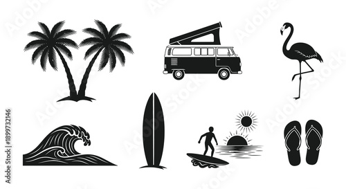 A collection of tropical vacation elements including a van palm trees and flamingo all in silhouette on transparent background high quality