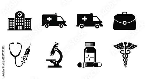 A collection of black medical icons including a hospital ambulance and tools on transparent background silhouette high quality professional detailed modern