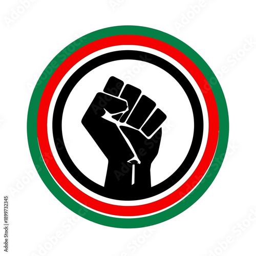 A raised fist with a key in the center surrounded by colorful rings symbolizing resistance and freedom.