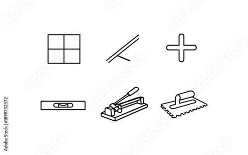 Set of line art icons for tiling tools and materials, perfect for DIY and professional projects