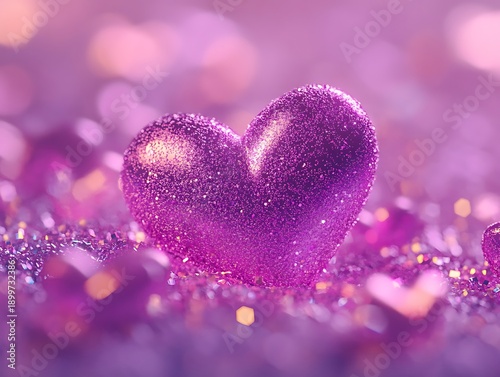 Pink glitter heart on purple background with bokeh lights sparkle