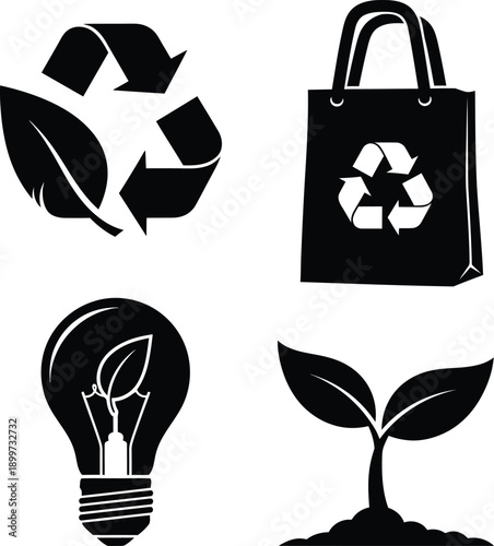 Eco friendly sustainability icon set featuring energy saving light bulb, reusable shopping bag, recycling symbol with leaf and plant growth for green lifestyle.