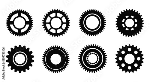 A collection of eight black gear icons in varying designs ideal for technical projects on transparent background silhouette high quality professional