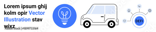 Smart mobility, decentralized finance, innovation, online connections, clean energy, digital networks. A car, light bulb and blockchain chart. Smart mobility and decentralized finance concept