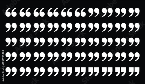Collection of diverse quotation marks, black symbols on white, mix of solid and calligraphic styles, single and double quotes. Ideal for typography, writing, and language related content