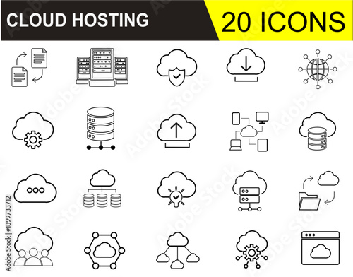 Cloud Hosting Cloud Computing Editable Line Icons Set Server,Database,Net Work,Upload Download and more. vector illustration