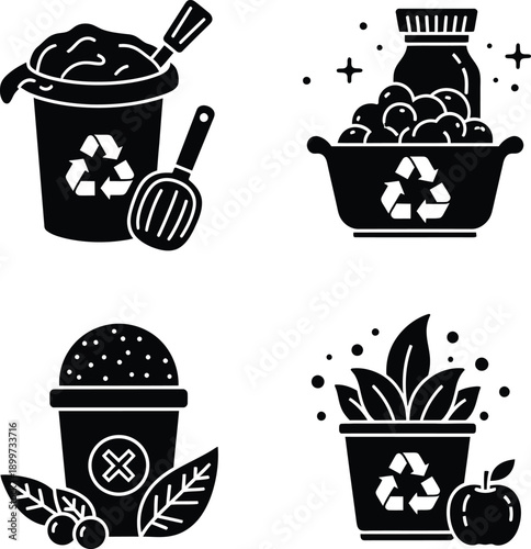 Compost and organic waste recycling icon set featuring biodegradable kitchen scraps, garden soil nutrients, and eco friendly food waste management symbols.