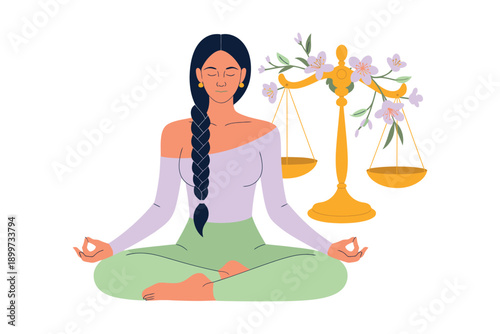 A serene woman meditating in lotus position with a scale and flowers