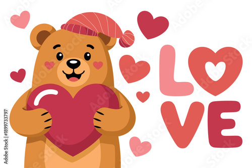 A cute cartoon bear holding a heart and wearing a hat on Valentine's Day