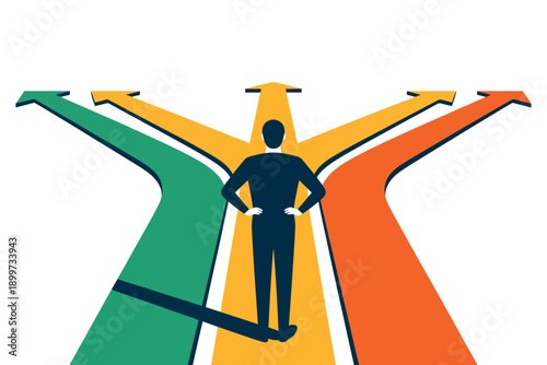 A man stands at a crossroads with multiple colorful paths ahead