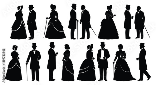 A collection of victorian era people in various poses presented as black silhouettes on transparent background high quality professional detailed modern