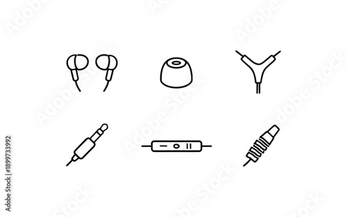 Collection of simple line art icons representing earphone components and accessories
