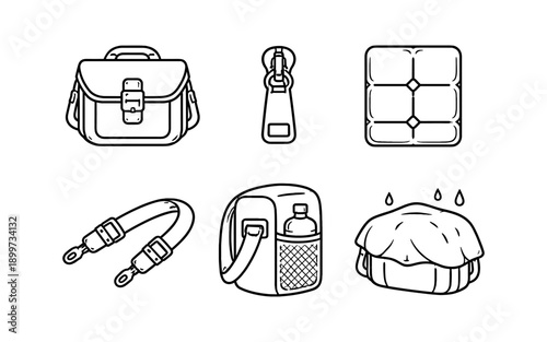 Collection of line art icons representing bags and accessories for travel and outdoor activities