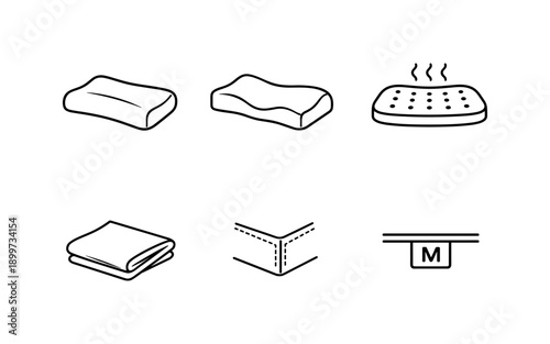 Collection of six simple line art icons representing bedding and comfort items