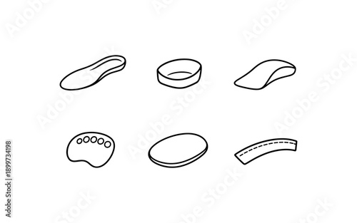 Collection of simple line drawings of shoe insoles and orthotic inserts