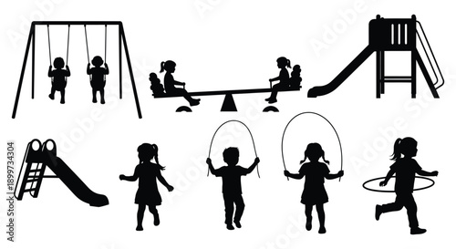A collection of black silhouettes depicting children playing on playground equipment on transparent background high quality professional detailed modern elegant stylish
