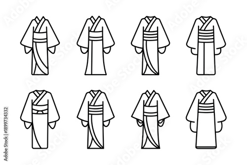 A collection of traditional Japanese kimonos in simple line art style