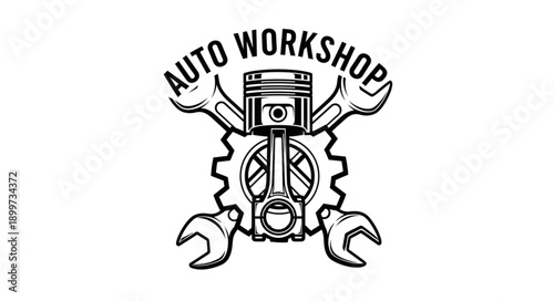 Auto Workshop Emblem with Piston Wrench and Gear.