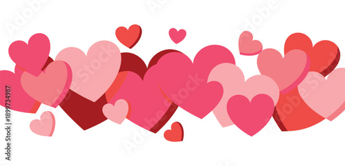 A colorful collection of pink and red hearts on a white background