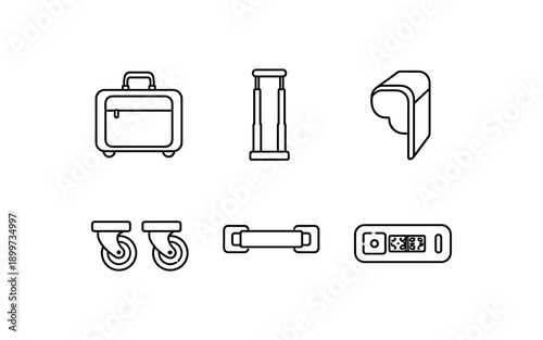 Collection of luggage parts and accessories, including wheels, handles, and locks