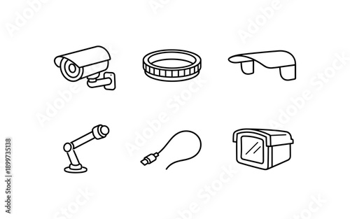 Collection of security and audio equipment icons in a simple line art style