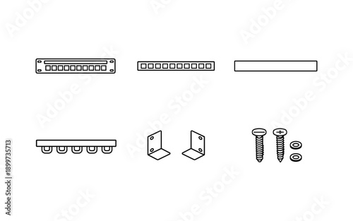 Rack mounting hardware line illustration showing patch panels, cable guide bar, brackets and screws