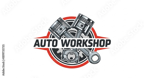 Auto Workshop Emblem with Pistons and Wrench.