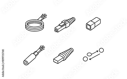 Collection of isometric line art icons representing fiber optic connectors and cables