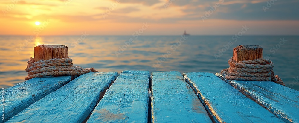 Fototapeta premium Rustic blue pier planks lead to sea at sunset with posts and ropes, ocean horizon