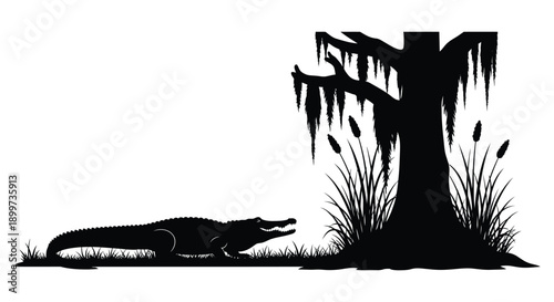 A striking black silhouette of an alligator resting near a tree draped with spanish moss on transparent background high quality professional