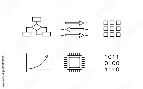 Set of six simple line art icons representing technology and data concepts