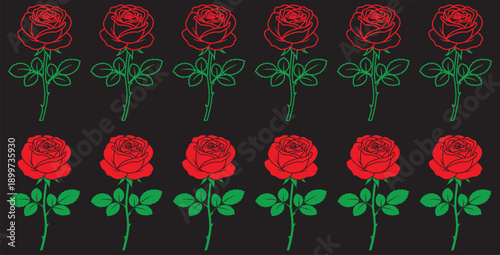 Twelve striking rose graphics arranged in two neat horizontal rows against a solid black background illustrating classic floral iconography perfectly for various design projects.