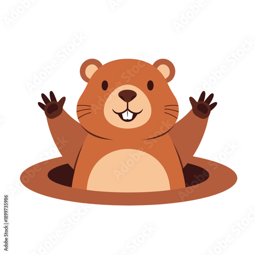 A cartoon beaver emerges from a hole with its hands raised in a playful gesture in a natural setting.