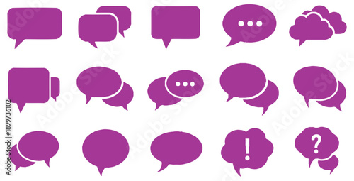 Collection of vibrant purple speech bubble icons representing various communication concepts including dialogue questions ellipses and cloud shapes for interface design