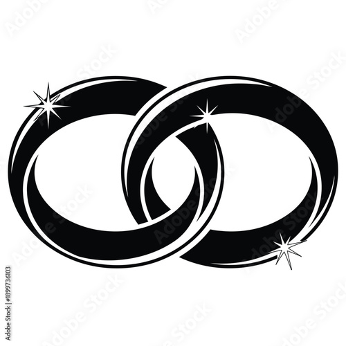 Stylized black and white graphic icon depicting two intertwined wedding bands symbolizing eternal love commitment marriage celebration and a sparkling diamond effect.