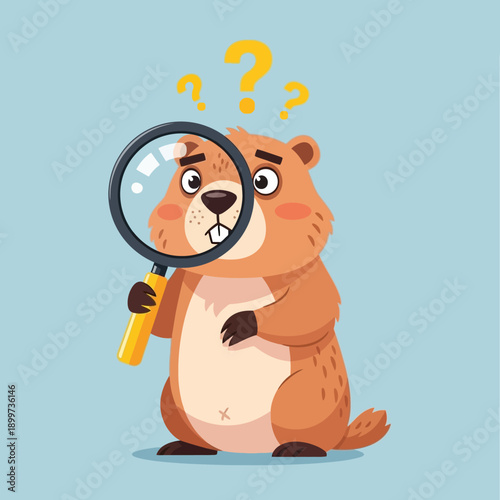 A cartoon beaver holding a magnifying glass with question marks above its head looks puzzled while standing indoors.