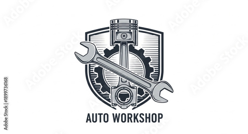 Auto Workshop Emblem with Wrench and Piston.