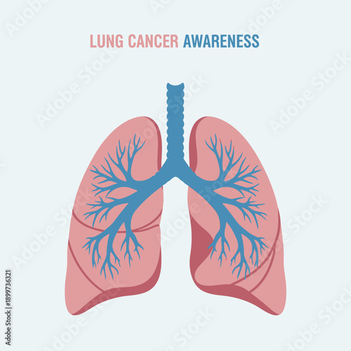 Illustration of human lungs raising Lung Cancer awareness with bronchial tree and trachea visible
