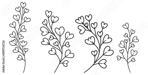 Collection of four delicate black and white line art botanical sprigs featuring charming stylized heart shaped leaves perfect for organic romantic design projects