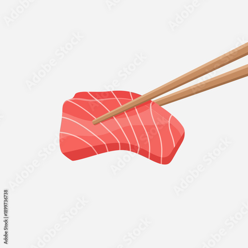 A piece of raw tuna sushi being picked up with chopsticks on a plate