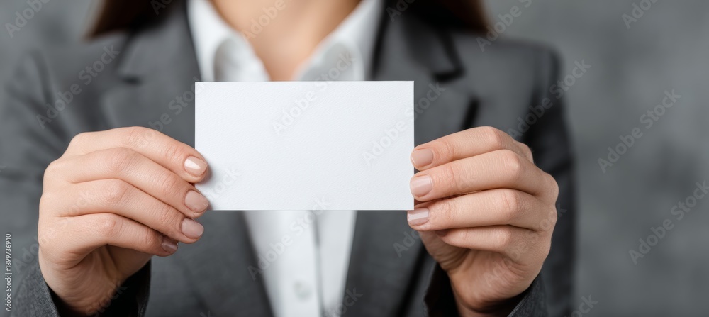 Fototapeta premium Businesswoman holding business card. Generative AI technology.