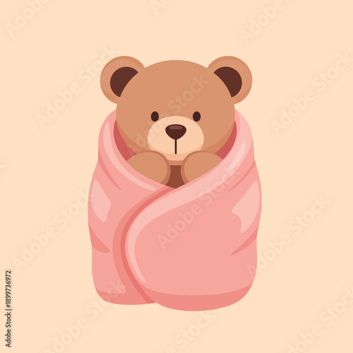 A cute brown teddy bear wrapped in a pink blanket sits comfortably on a soft background.