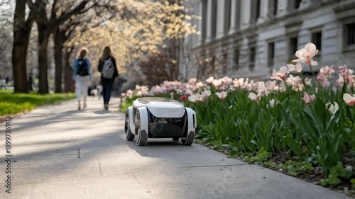 Wallpaper Mural Autonomous delivery bot moves along a sidewalk, near blooming flowers, with people walking in the background, suggesting futuristic urban logistics and modern convenience. Torontodigital.ca